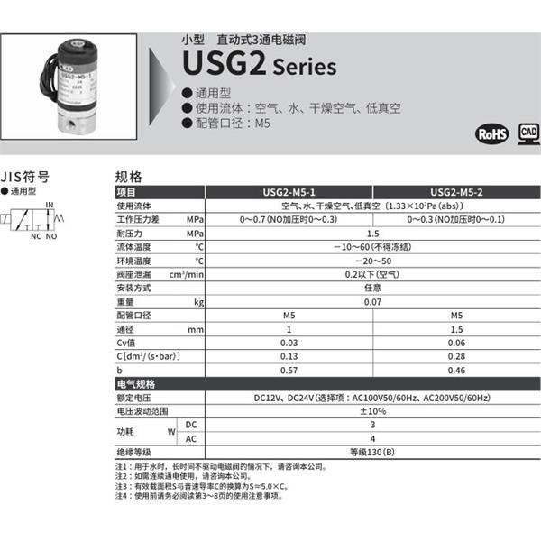 CKD喜開理多種流體小型直動式2通電磁閥USG2-M5-1-AC100V
